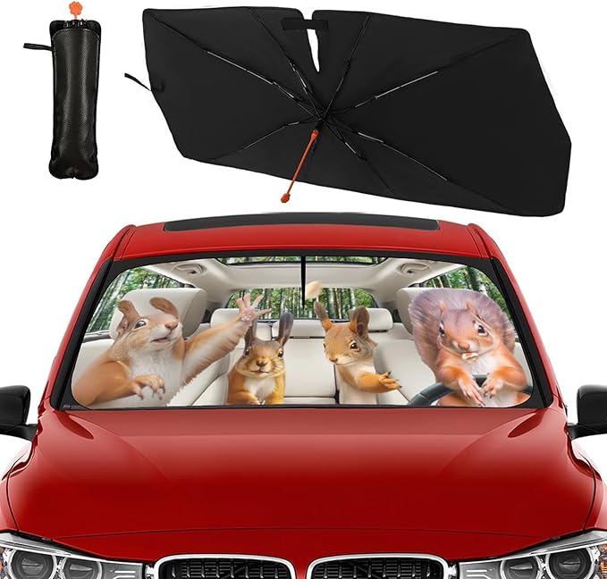 Socira Funny Squirrels Car Windshield Sunshade Umbrella Foldable Visor Umbrella Sun Shade Cover Funny Animal Sunshade Front Window Cover Squirrels Car Accessories Blocks Uv Rays 57" X 30"