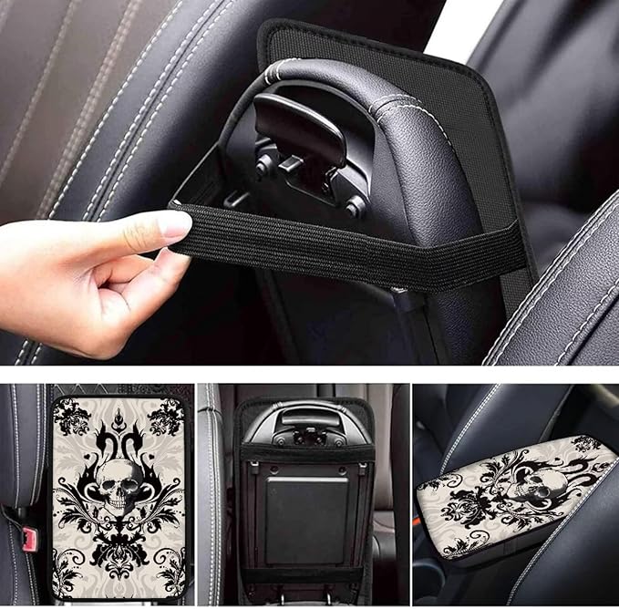 Dreaweet Gothic Skull Center Console Cover Halloween Car Accessories Interior Arm Rest Cover Pad Universal Comfort Car Armrest Storage Box Mat for SUV Truck