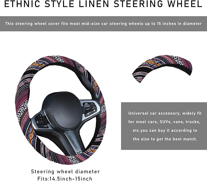 Boho Steering Wheel Cover, 15.0"×15.0" Anti-Slip Baja Blanket Ethnic Steering Wheel Protector, Breathable Flax Cloth Elastic Bohemian Steering Wheel Cover, Car Accessories (Style J)