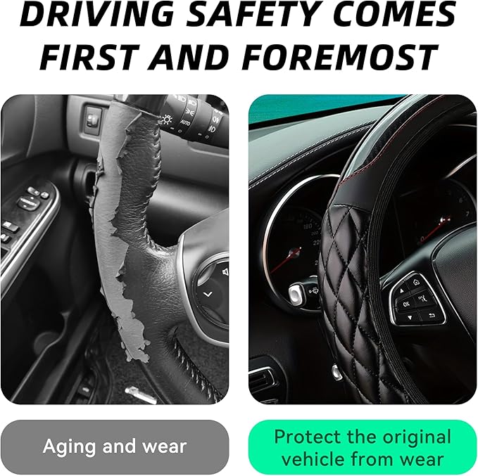 Car Steering Wheel Cover, 14.5-15inch Leather Anti-Slip Car Wheel Cover Protector, Safety Comfortable Desgin, Universal Auto Steering Wheels Accessories for Cars Truck SUV (Black)