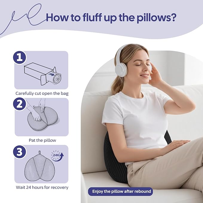 Lumbar Support Pillow for Recliner, Back Support Pillow for Office Chair, Back Cushion with Shredded Foam for Back Pain Relief & Reading, Lumbar Cushions for Couch, Sofa Seat, Car, Black