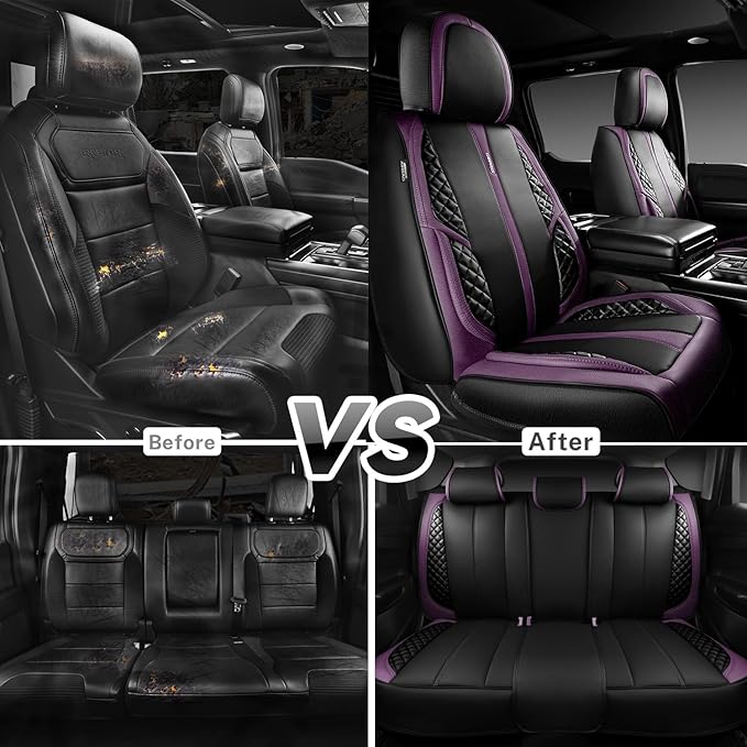 CAR PASS Nappa Leather Car Seat Covers Full Set Waterproof Protector Durable Cushioned,Universal Fit for Sedan SUV Pick-up Truck,Automotive, Anti-Slip and Backseat Luxury Premium(Black and Purple)