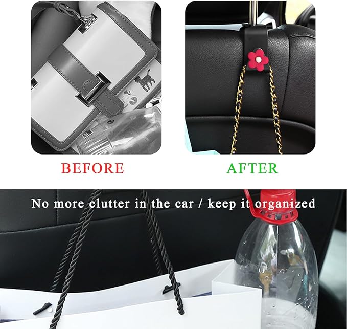 4 PCS Car Seat Headrest Hook, Plastic Headrest Hooks with Adhesive Flower, Auto Back Seat Hanger Storage Hook for Grocery Bag Purse Handbag Umbrella, Car Accessories (Pink+Red)