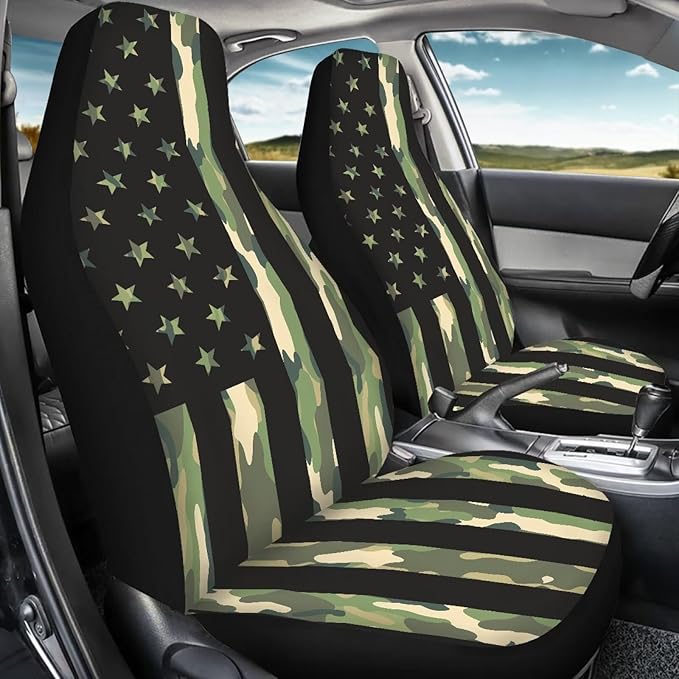 ELEQIN 2 Packs Car Front Seat Cover Car Seat Protector, Nonslip Cushion Cover for Cars, Trucks & SUVs Auto Interior Decor, Camo American Flag Print