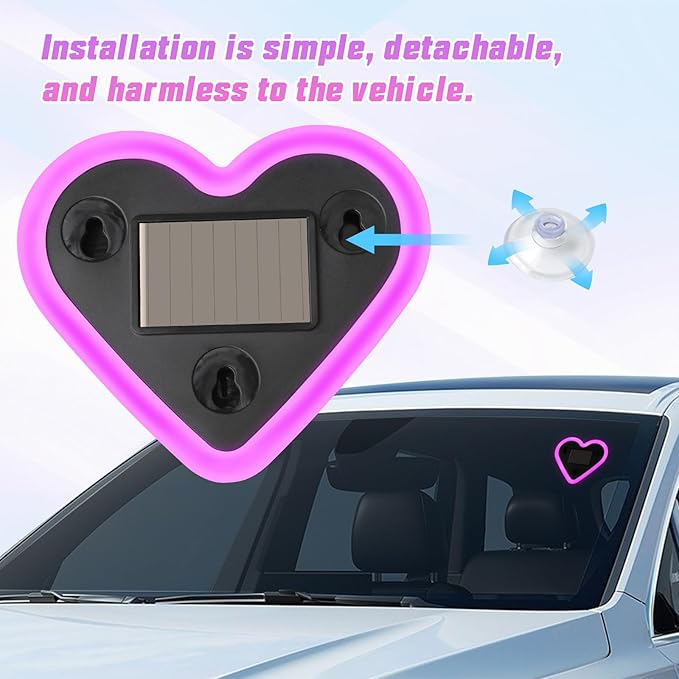 6 Lighting Modes Solar Powered Car LED Ambient Light, Rechargeable Wireless LED Heart Shape C-Pillar Neon Light, AutoGlow Solar Heart Light for Car Window Romantic Decor Surprising Gifts