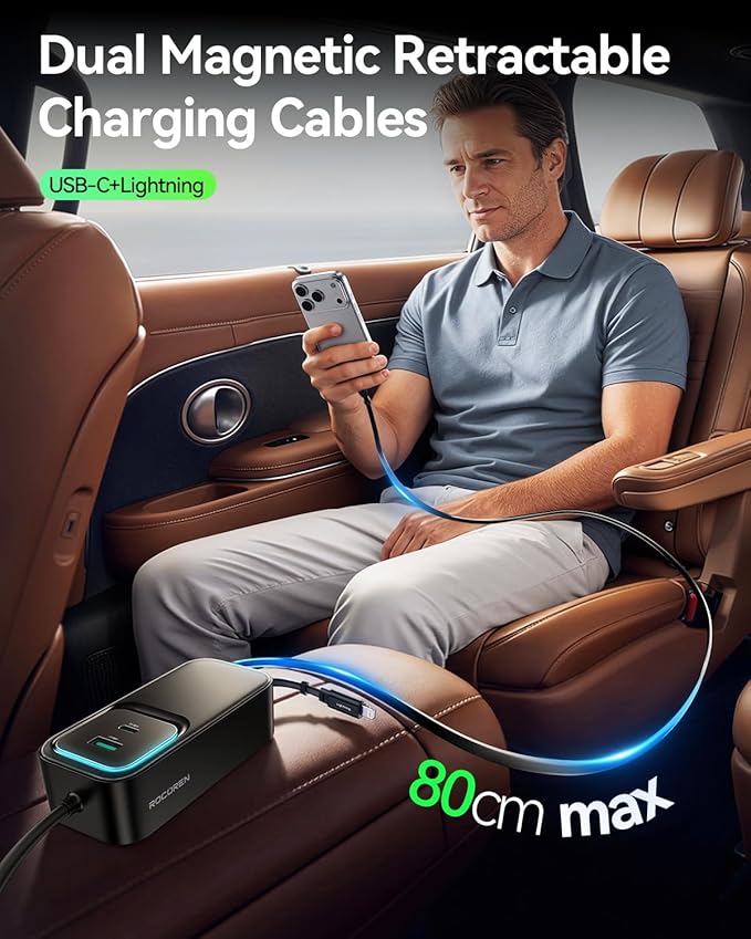 Rocoren 135W Multiple Ports Car Charger,Car Travel Essentials for Road Trips,6-Port PD Fast USB C Cigarette Lighter Adapter with 5FT Cable and 2 Retractable Cable,Car Accessories for iPhone, Galaxy