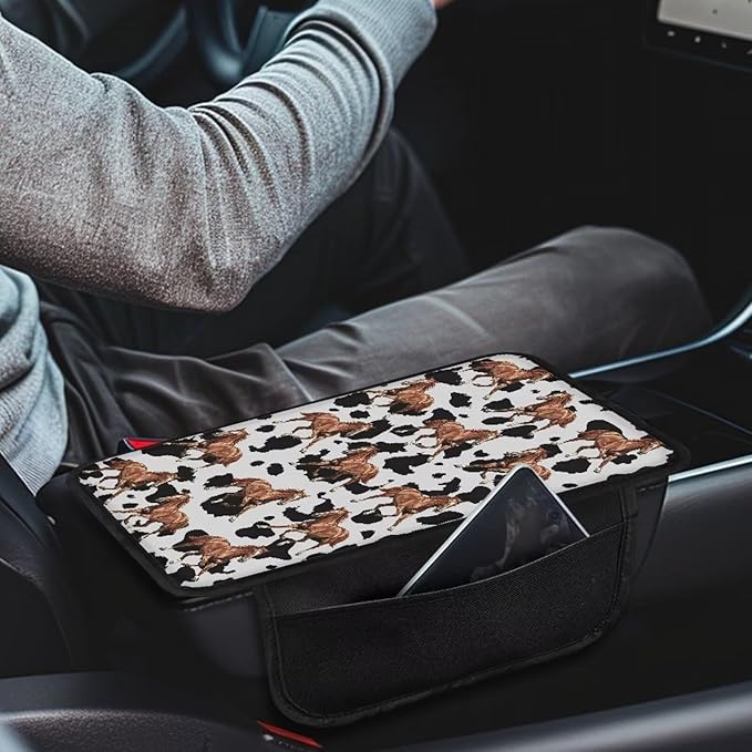Horses Cow Spot Print Center Console Covers for Cars Wear-Resistan Vehicle Armrest Cover Pad Waterproof Box Cover Protector Armrest Cover Center Console Pad