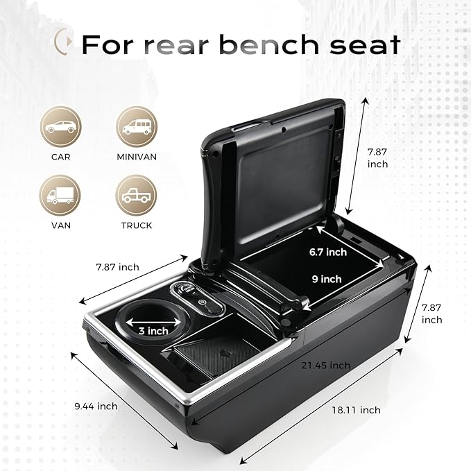 Coverado Center Console, Universal Bench Seat Center Console with Wireless Charging & Cup Holder & 7 Light Modes, Truck Back Seat Car Organizer, Rear Central Car Armrest Box with Storage, Black