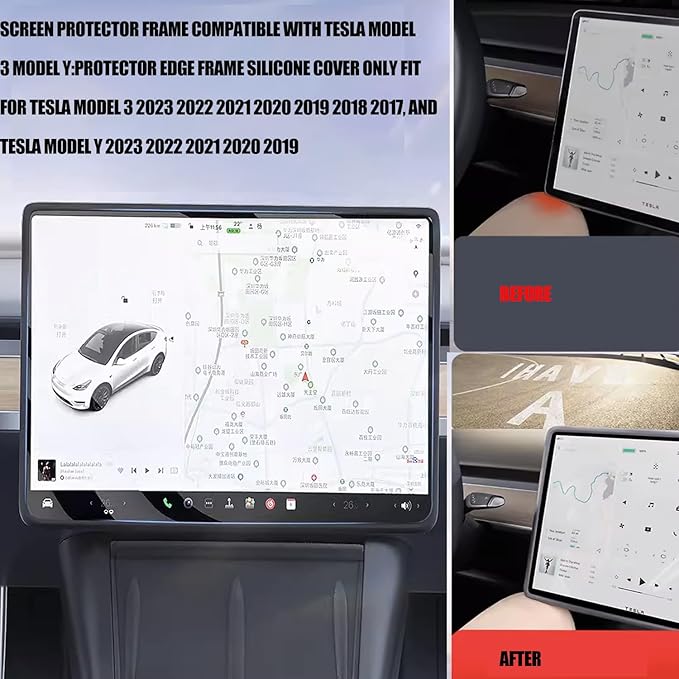 3pcs 3 in 1 DIY Silicone Pad for Tesla，Center Console Wireless Charging Non Slip Silicone Pad + Screen Protector Frame + Rear View Mirror Cover Compatible with Tesla Model 3/Y 2021-2023