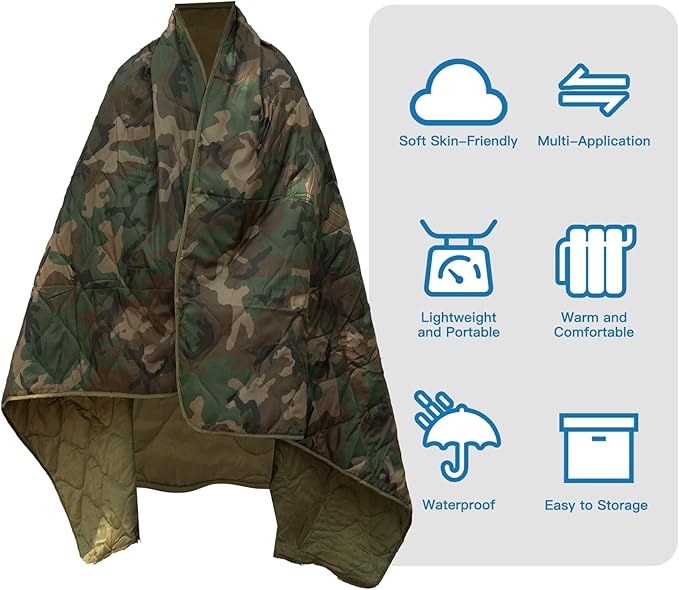 Military Poncho Liner 55”x 79” Camping Blanket Insulation Compact Waterproof for Travel Stadium Outdoor Camping