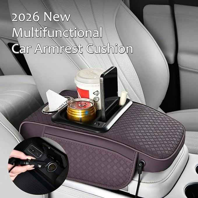 2026 Enhanced Car Center Console Armrest Cushion with USB& Type-C Charging, PU Leather Console Pad with Cup Holders, Storage& Tissue Outlet for Most Vehicles (Flat Version, Plum Purple)