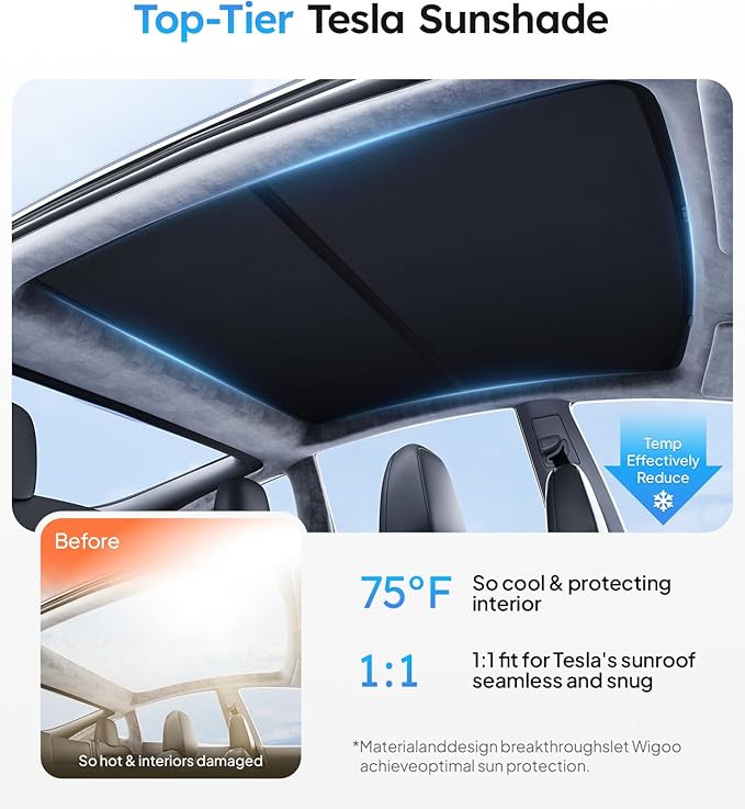 Wigoo Tesla Model S Sunshade Roof [Never Sag, Nano Ice-Crystal Coatings] 3-Gen Heat Insulation Glass Roof Sun Shade, Accessories for Tesla Model S 2020~2026, Tesla Interior Black