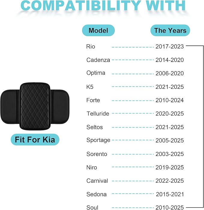 Center Console Cover Fit for Kia Forte 2010-2024 with 2 Storage Bags Waterproof Leather Quilted Pattern Car Armrest Cover Cushion Anti - Slip(Black)