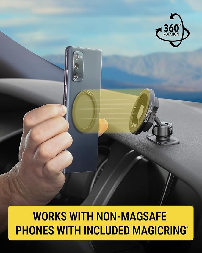 Scosche MagSafe Car Mount, Magnetic Phone Holder for Car Dashboard & Vent with 360° Rotation, 2-in-1 Cell Phone Mount for iPhone 17/16/15/14/13 & More w/MagicRing Adapter, Compatible with PopSockets