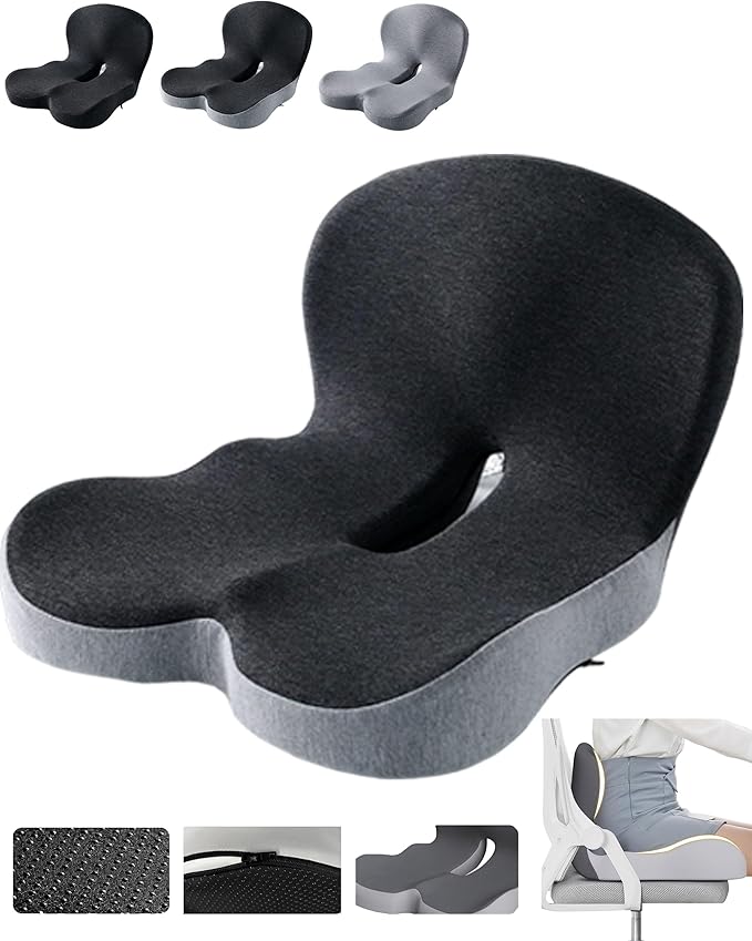 Orthopedic Cushion, Ergonomic Orthopedic Cushion for Tailbone Pain Relief, with Memory Foam, Car Seat Cushion with Waist Support, Non-Slip, Breathable, Washable Cover (Black-Gray)