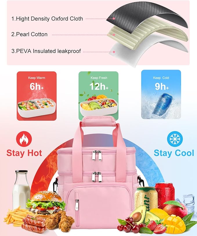 Insulated Lunch Bag for Women, Double Leakproof Lunch Box Soft Cooler Tote with 5 Pockets, 600D Oxford, EVA Lining, Adjustable Strap for Work, Picnic, Beach&Travel-Pink