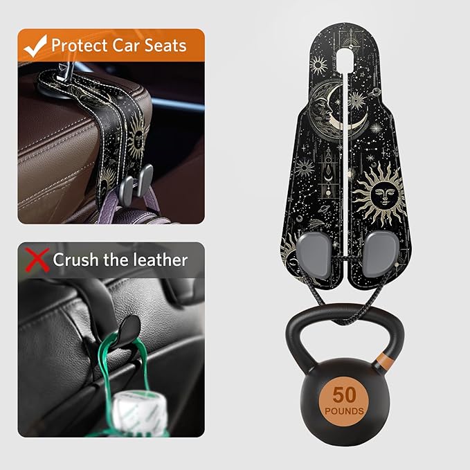 CoBak Purse Hook for Car - Universal Premium Stitched Leather and Aluminum-Magnesium Alloy Double Car Seat Back Storage Hook for Purses, Handbags, Bags (2 Pack),Star Mark