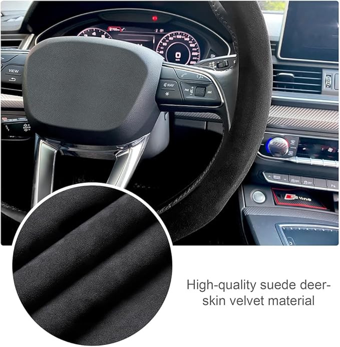 Carodi Suede Steering Wheel Cover ， Non-Slip Leather Car Interior Fitting 15-inch Universal