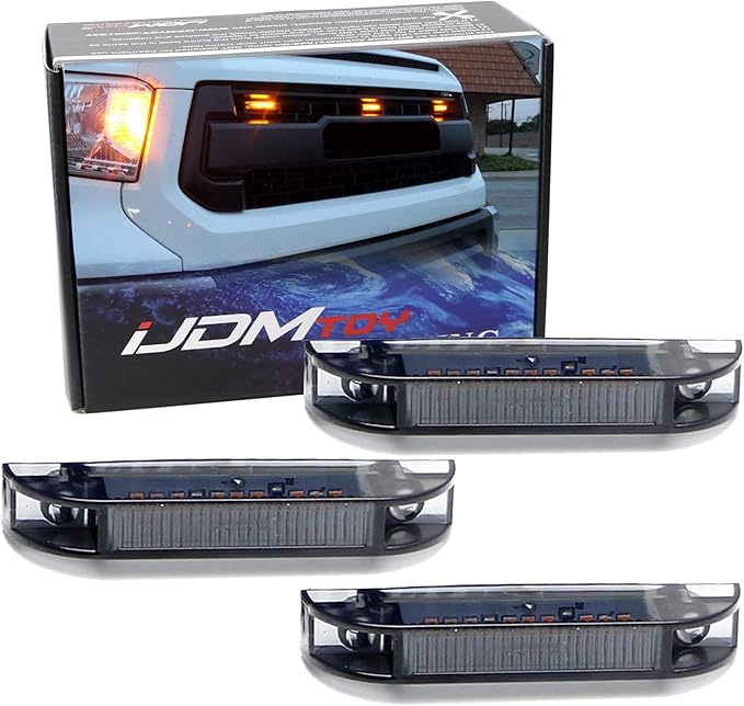 iJDMTOY 3pc Amber LED Center Grille Running Light Kit Compatible With 2014-2021 Toyota Tundra w/TRD Pro Grill (Dark Smoke Lens w/Wiring and Hardware)