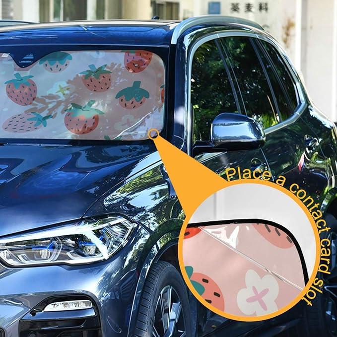 Qilmy Front Windshield Sun Shade Cute Hand Drawn Summer Berries Strawberries Folding Sun Shield Shade, Blocks UV Ray to Keep Your Vehicle CoolSun Visor Protector for Fits Car Truck SUV 55"x27.6"