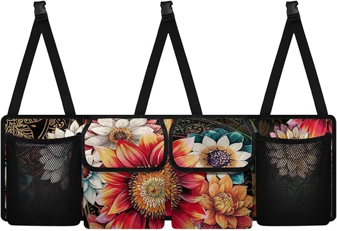 Mexican Dahlias Car Trunk Organizer Floral Flowers Car Back Seat Organizer with 4 Storage Bags,Car Accessories