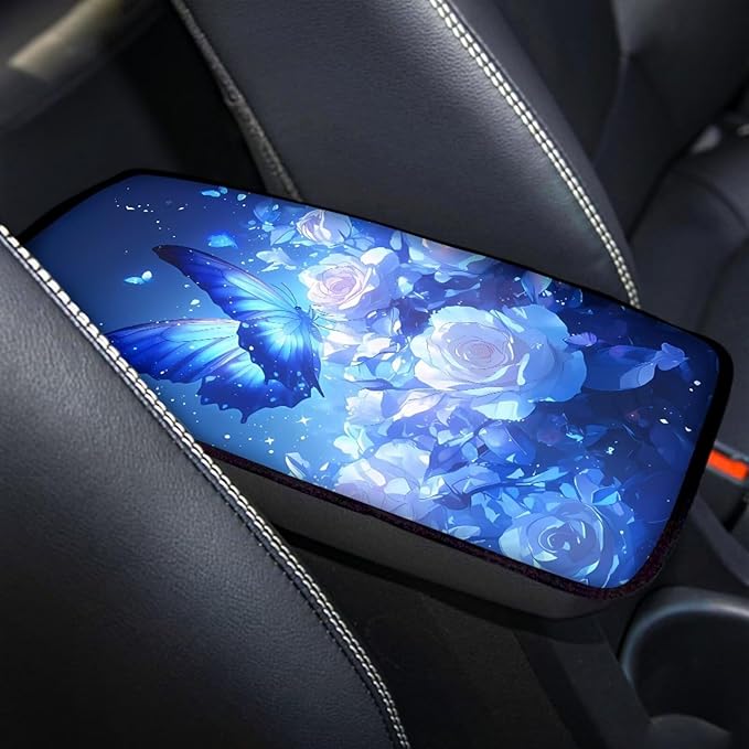 Blue Flower Butterfly Universal Center Console Armrest Soft Pad Protector Cover Non Slip Fits for Most Vehicle,SUV,Truck Car Christmas Decoration