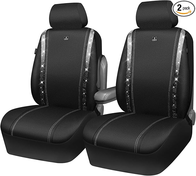 CAR PASS Oxford Bling Diamond Car Seat Cover 2 Front Interior Sets, Waterproof Universal Shining Glitter Sparkly Crystal Fit Armrest 95% Automotive Truck SUV Cute Women Girl, Black Silver Rhinestone