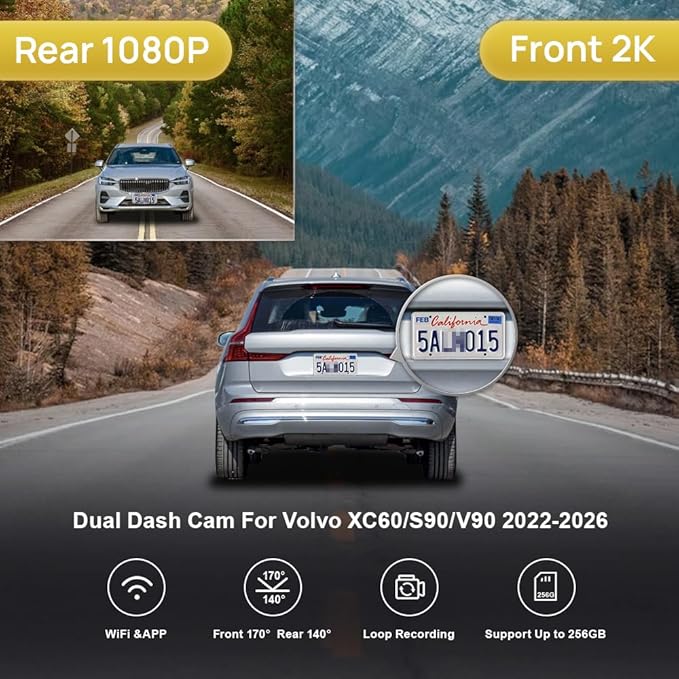 Fitcamx 2K Dual Dash Cam Suitable for Volvo XC60 V90 S90 2022-2026 B5 B6 T8 (Model B), Integrated OEM Look, Front 1440P+Rear 1080P HD Video, WiFi & APP, Loop Recording, G-Sensor, 64GB Card