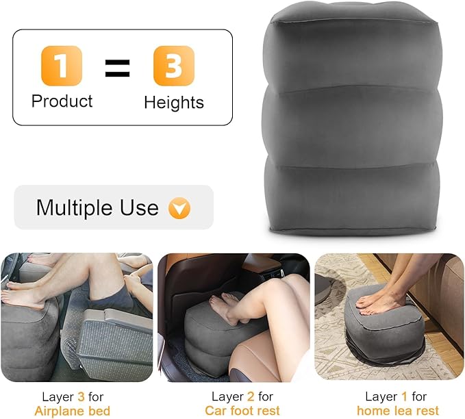 Maliton Inflatable Travel Foot Rest Pillow, Airplane Bed for Kids, Car Foot Leg Rest Pillow, Adjustable Height for Airplane, Car, Train, Home, Small Size (Dark Grey, 1 Pack)