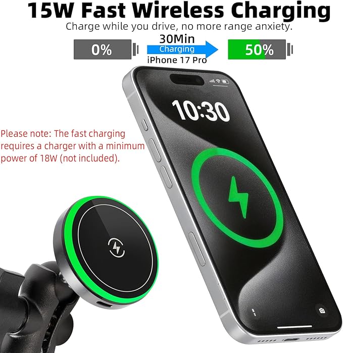 Magnetic Wireless Charging Phone Holder Base for RAM Mounts, 1" (25mm) Ball Mount with Short Aluminum Arm, Compatible with Magsafe iPhone 17/16/15/14/13/12 Series