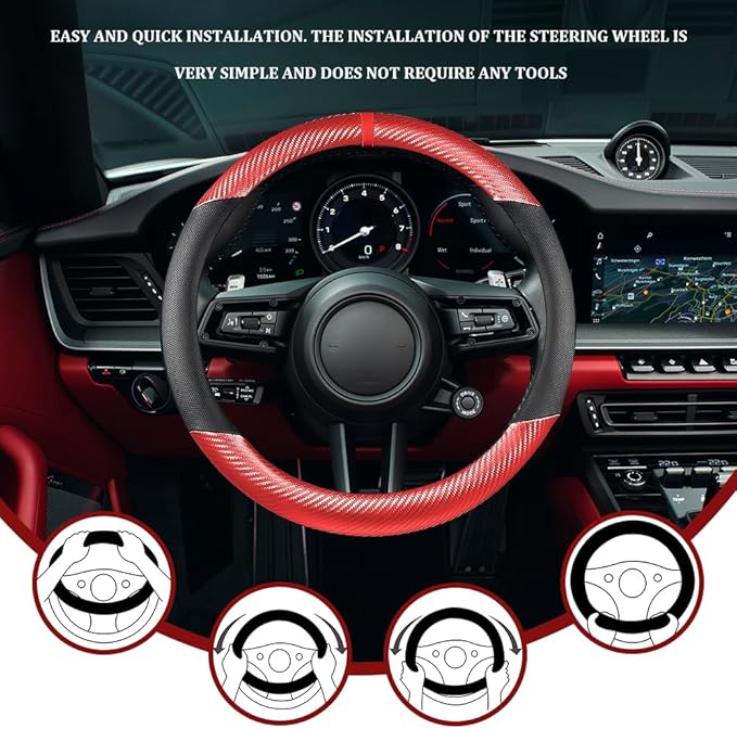 Car Steering Wheel Cover, Steering Wheel Accessories, 15 Inch Microfiber Leather Carbon Fiber Soft Anti-Slip Breathable, Car Accessories Elastic Non-Slip Cover for Most Vehicles (Red)