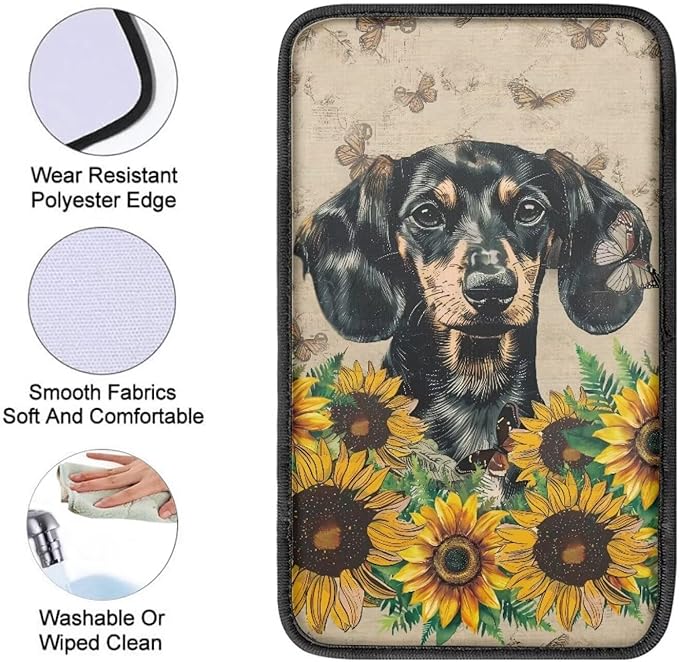 Suobstales Dachshund Sunflower Butterfly Print Car Accessories Center Console Cover Replacement, Universal Armrest Cover for Car Center Console for Truck Sedan SUV