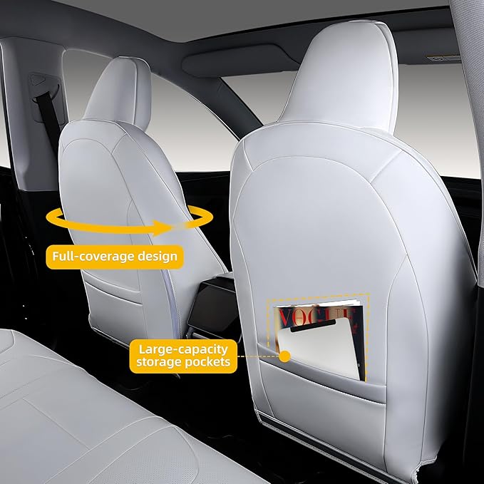 Custom Fit Seat Covers for 2025 2026 Tesla Model Y Juniper (5-Seater), Waterproof Breathable Nappa Leather, OEM Factory Style Full Set Car Seat Protectors Airbag Compatible - White