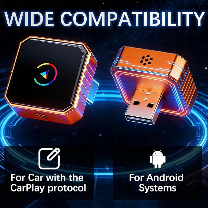 Mini Wireless for Carplay Adapter for iPhone & Android Auto, USB Plug & Play, Zero Delay Wireless 2 in 1 Adapter, Bluetooth Wi-Fi Pairing Allows for Easy Access to Navigation, Voice Control Etc