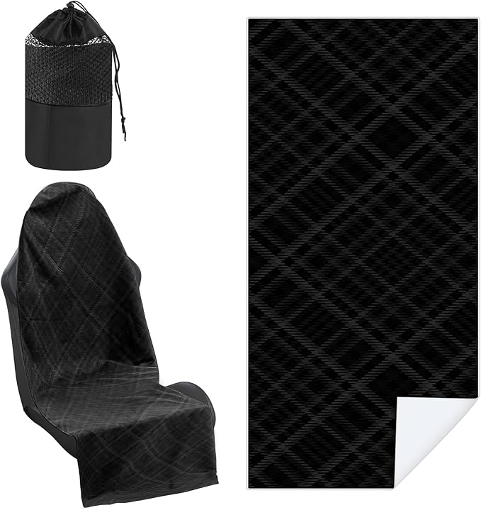 1 Pack Car Seat Towel Covers with Storage Bag 63 x 32 Inch Athletic Running Towel Seat Sweat Washable Non Slip Cover Gift for Car Outdoor Sport Activities (Black Plaid)