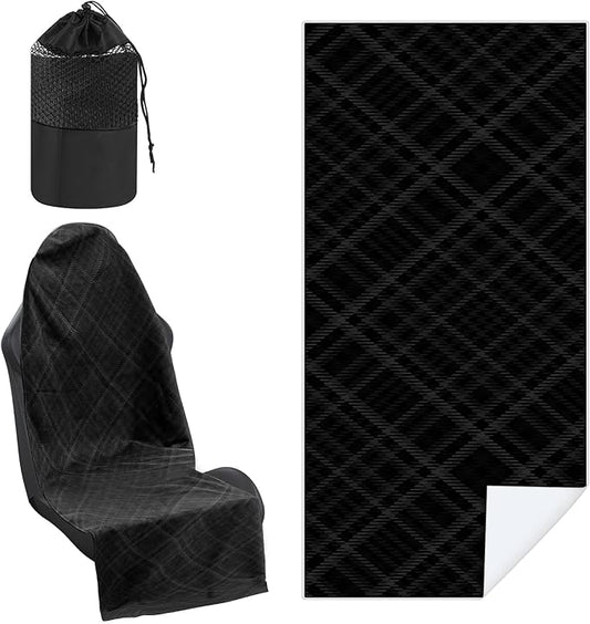 1 Pack Car Seat Towel Covers with Storage Bag 63 x 32 Inch Athletic Running Towel Seat Sweat Washable Non Slip Cover Gift for Car Outdoor Sport Activities (Black Plaid)