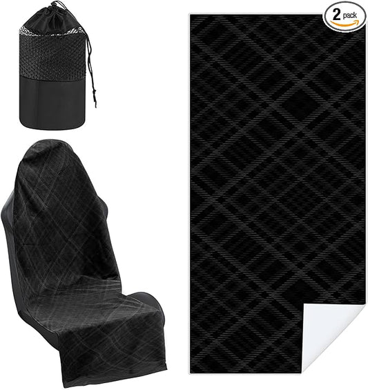 2 Pack Car Seat Towel Covers with Storage Bag 63 x 32 Inch Athletic Running Towel Seat Sweat Washable Non Slip Cover Gift for Car Outdoor Sport Activities (Black Plaid)