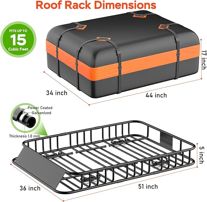 Roof Rack Carrier Basket 51" X 36" X 5" Universal Rooftop Cargo Basket - 200LB Capacity with 15 Cu.Ft Waterproof Bag, Heavy Duty Roof Rack for SUV/Truck/Van Cargo Carrier, Corrosion-Resistant Steel