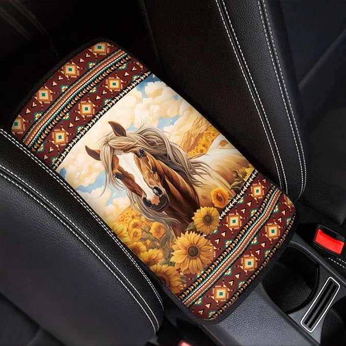 Aztec Horse Center Console Cover for Cars, Non-Slip Car Armrest Cover Auto Armrest Box Cover Horse Cars Interior Accessories Universal Fit Most Vehicle Trucks