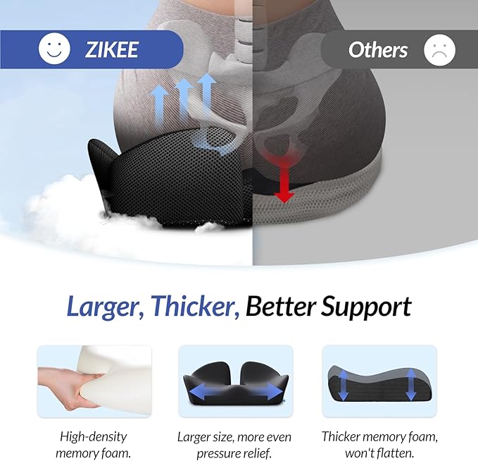 ZIKEE Thickened Seat Cushion, Ergonomic Memory Foam Hemorrhoid Pillow for Hip, Sciatica, Long Sitting Relief, 6.0" Thick Office Chair Cushion with Widened Cutout for Tailbone Pain Relief in Car, Home