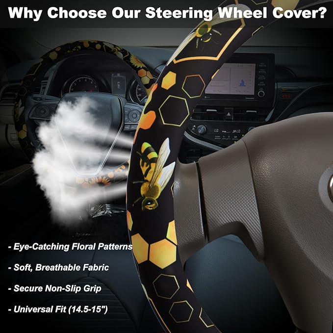 Bee Sunflower Honeycomb Steering Wheel Cover for 14.5-15 Inch (37-38 cm) Wheels, Premium Fabric with Non-Slip Rubber Inner Ring (Bee Sunflower Honeycomb)