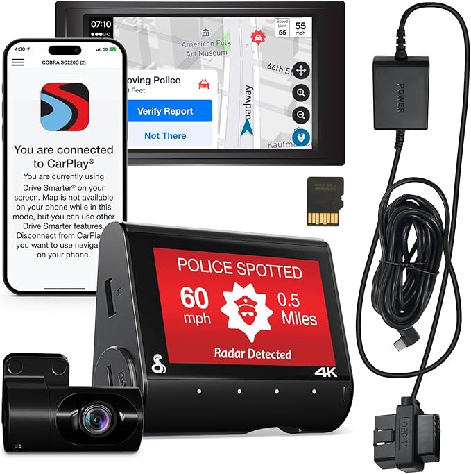 Cobra SC 250R Smart Dash Cam + Cobra 2.5A DIY Hardwire Kit - OBDII Port to USB-C/Micro-USB with 15ft Cable