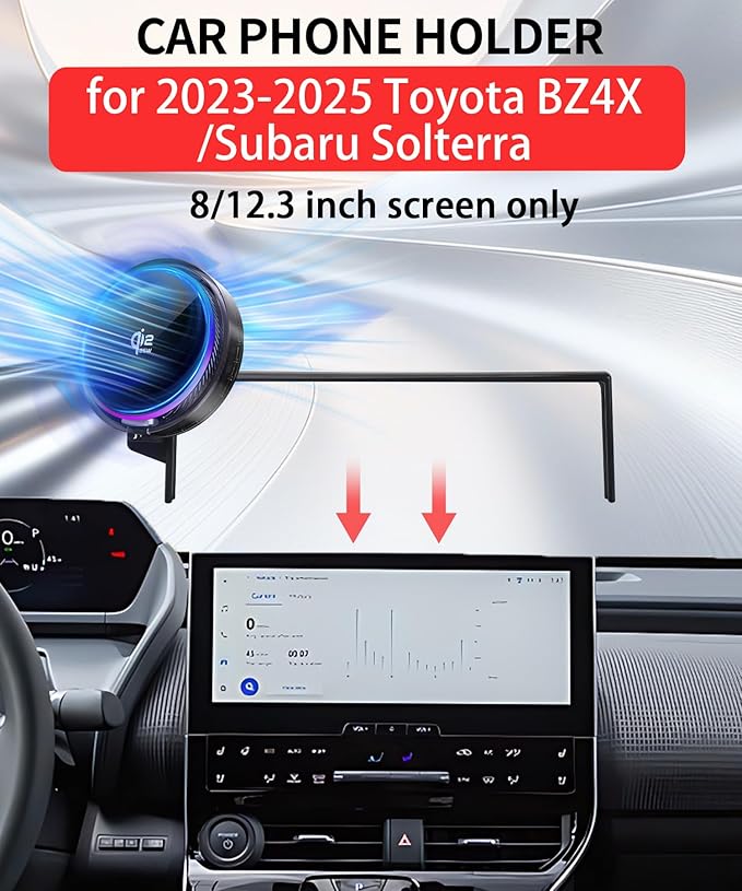 Qi2.2 25W Magnetic Car Mount Charger for 2023 2024 2025 Toyota BZ4X / Subaru Solterra Accessories,for Cell Phone Holder 8/12.3 Inch Screen Fixed Clip with Cooling Fan＆54W Fast Adapter