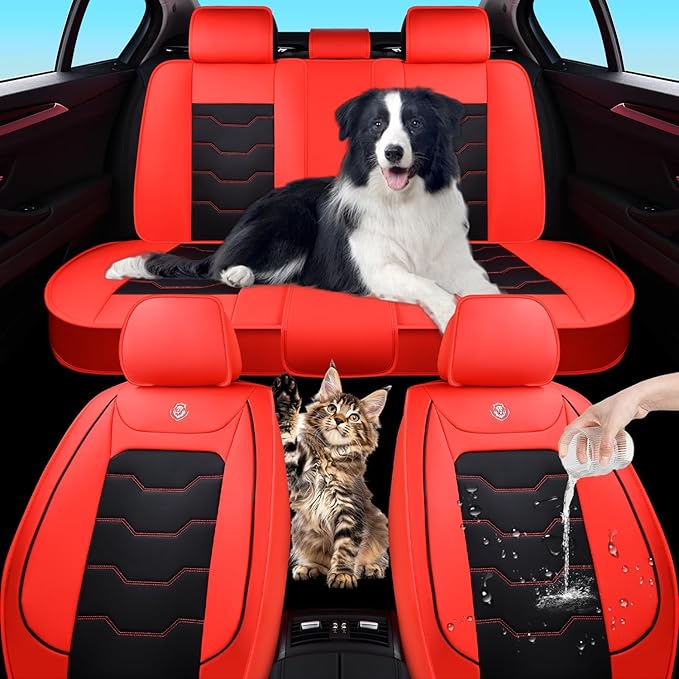 Car Seat Cover Set, Red and Black Seat Covers, Automotive Interior Accessories, Waterproof Synthetic Leather, Protect and Upgrade Your Car Interior, Fits Most Vehicles, Airbag Compatible