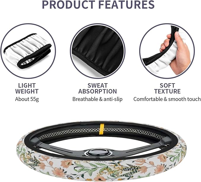Car Steering Wheel Cover for Women Men, Non-Slip Botanical Floral Pattern with Ladybugs Steering Wheel Protector, Universal 14"-15" Fit for Cars, SUVs, Trucks