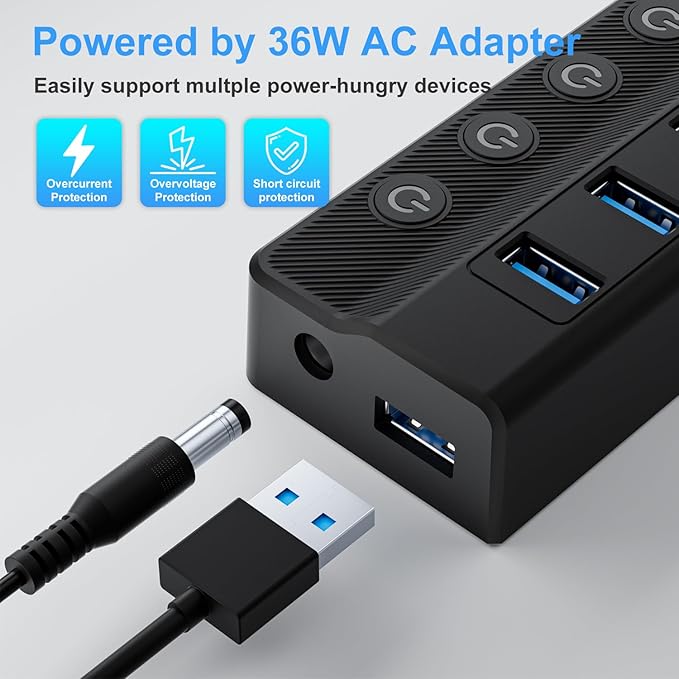 ONFINIO Powered USB Hub, 10-Port USB Splitter Hub (7 Faster Data Transfer Ports+ 3 Smart Charging Port) with Individual LED On/Off Switches and 12V/3A Power Adapter USB Extension for Mac, PC and More