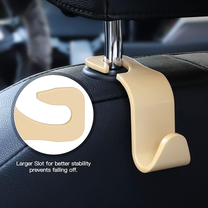 Soleebee 4 Pack Car Headrest Hooks - Universal Auto Hooks for Back Seat Hangers, Storage Organizer (Beige)