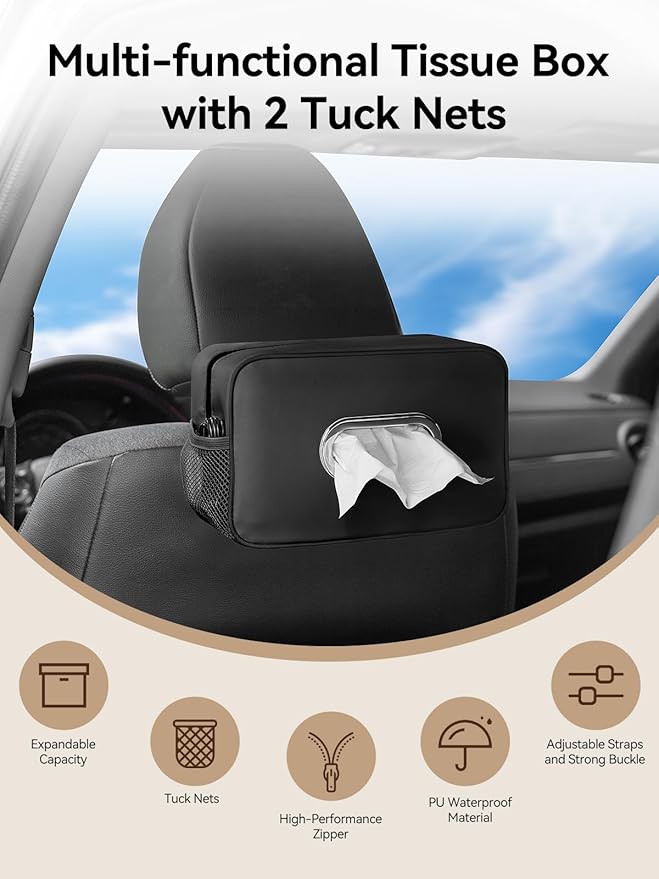 Multi-Functional Car Tissue Holder with ‌2 Storage Nets, Upgraded PU Leather Tissue Box Cover, Large Rectangle Napkin Organizer Fit for 100-160 Regular Size Tissues, Keep Car Tidy, Black