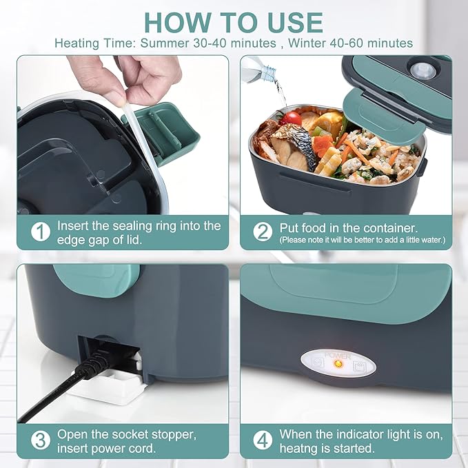 Electric Lunch Box Food Heater, 3 in 1 Ultra Quick Heated Lunch Boxes for Adults, 12V/24V/110V Portable Food Warmer for Car/Truck/Office With Fork Spoon and Insulated Carry Bag