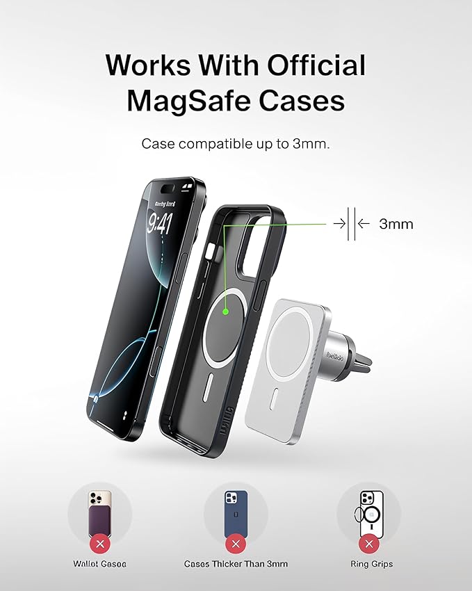 Belkin MagSafe Car Vent Mount Pro, Magnetic Phone Holder for iPhone 16/15/14/13/12, Secure Grip, Portrait & Landscape View, Cable Management, Air Vent Clip, Magsafe Compatible, Silver, Includes Cloth